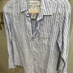 Frank & Eileen stylish purple pinstripe linen blouse.